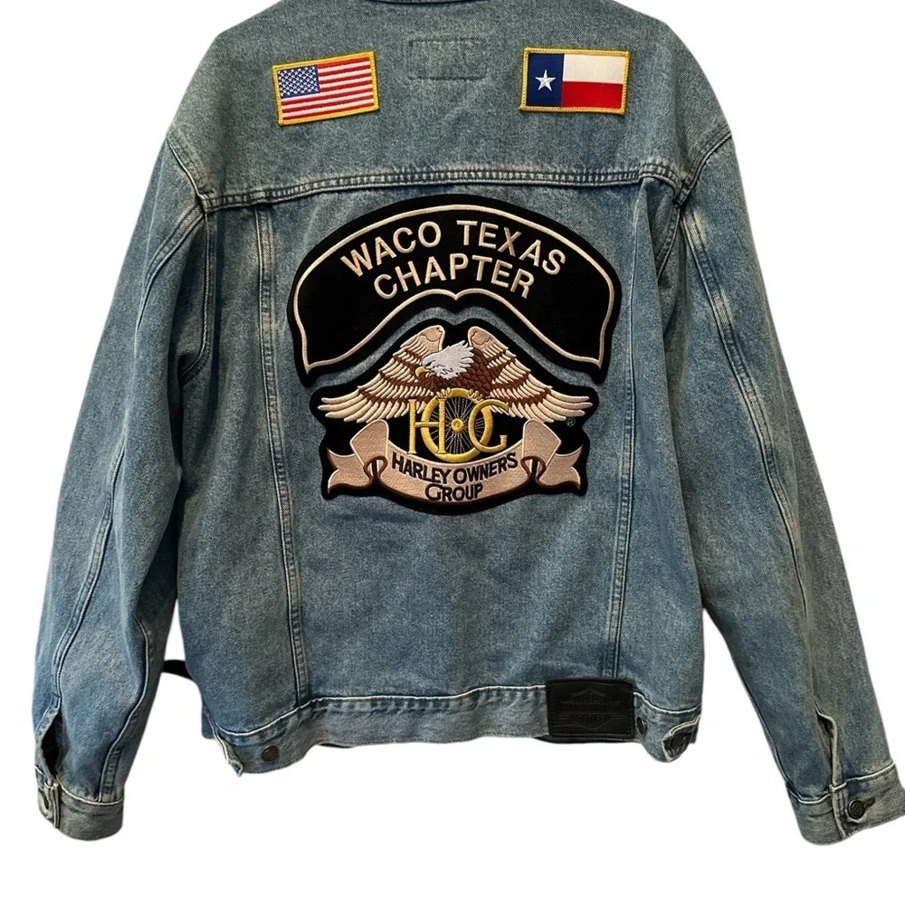 RARE Men's Harley Davidson Moto Waco TX Jean Jacket with Pins Patches Sz XL